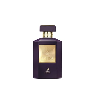 Maison Alhambra Infini Intoxicating Cherry — A dark purple, faceted perfume bottle with a gold label and cap, featuring a deer emblem at the bottom. | Maison Alhambra Infini Intoxicating Cherry — Botol minyak wangi ungu gelap berbentuk faset dengan label dan penutup emas, menampilkan lambang rusa di bahagian bawah.