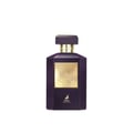 Maison Alhambra Infini Intoxicating Cherry — A dark purple, faceted perfume bottle with a gold label and cap, featuring a deer emblem at the bottom. | Maison Alhambra Infini Intoxicating Cherry — Botol minyak wangi ungu gelap berbentuk faset dengan label dan penutup emas, menampilkan lambang rusa di bahagian bawah.