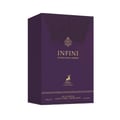 Maison Alhambra Infini Intoxicating Cherry — A dark purple perfume box with gold accents, featuring the text "INFINI INTOXICATING CHERRY" and a deer logo. | Maison Alhambra Infini Intoxicating Cherry — Kotak pewangi ungu gelap dengan aksen emas, menampilkan teks "INFINI INTOXICATING CHERRY" dan logo rusa.