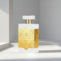 Maison Alhambra Infini Musk – White perfume bottle with ornate gold geometric detailing and a white cap, set against a minimalist white background with dramatic shadows. | Maison Alhambra Infini Musk – Botol minyak wangi putih dengan perincian geometri emas yang indah dan penutup putih, diletakkan berlatarkan latar