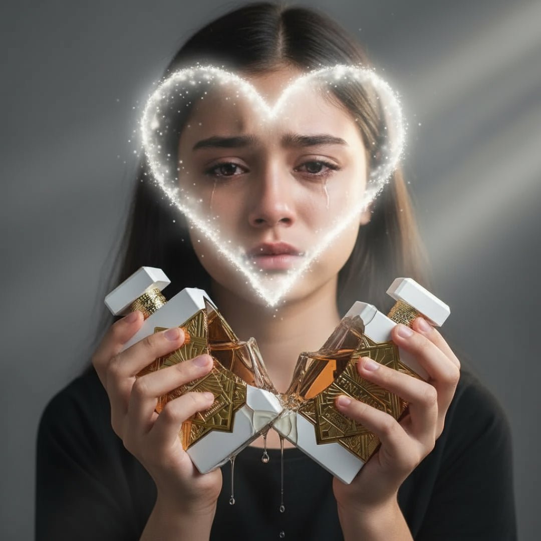 Maison Alhambra Infini Musk by Maison Alhambra – 100 ml Unisex — A young woman cries as she holds two halves of a broken perfume bottle, with a glowing heart shape above her head. | Maison Alhambra Infini Musk by Maison Alhambra – 100 ml Unisex — Seorang wanita muda menangis sambil memegang dua bahagian botol minyak