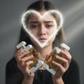 Maison Alhambra Infini Musk by Maison Alhambra – 100 ml Unisex — A young woman cries as she holds two halves of a broken perfume bottle, with a glowing heart shape above her head. | Maison Alhambra Infini Musk by Maison Alhambra – 100 ml Unisex — Seorang wanita muda menangis sambil memegang dua bahagian botol minyak