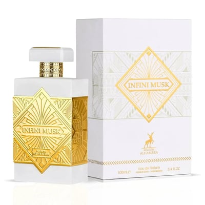 Maison Alhambra Infini Musk – White perfume bottle with gold geometric accents and a matching white and gold patterned box, displayed together | Maison Alhambra Infini Musk – Botol minyak wangi putih dengan aksen geometri emas dan kotak bercorak putih dan emas yang sepadan, dipamerkan bersama