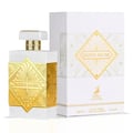 Maison Alhambra Infini Musk – White perfume bottle with gold geometric accents and a matching white and gold patterned box, displayed together | Maison Alhambra Infini Musk – Botol minyak wangi putih dengan aksen geometri emas dan kotak bercorak putih dan emas yang sepadan, dipamerkan bersama