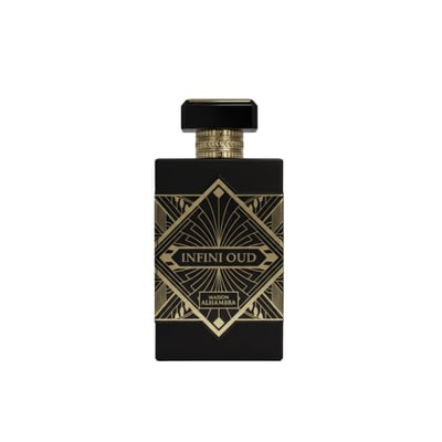Maison Alhambra Infini Oud by Maison Alhambra Man 100ml EDP — Black rectangular bottle with gold geometric art deco design and gold cap. | Maison Alhambra Infini Oud by Maison Alhambra Man 100ml EDP — Botol segiempat hitam dengan reka bentuk seni deco geometri emas dan penutup emas.