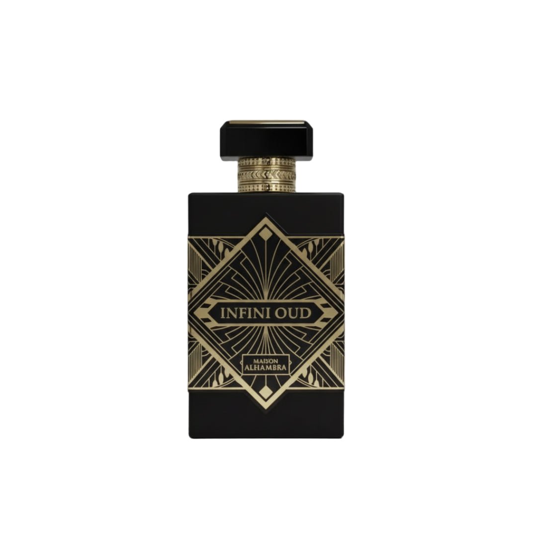 Maison Alhambra Infini Oud by Maison Alhambra Man 100ml EDP — Black rectangular bottle with gold geometric art deco design and gold cap. | Maison Alhambra Infini Oud by Maison Alhambra Man 100ml EDP — Botol segiempat hitam dengan reka bentuk seni deco geometri emas dan penutup emas.