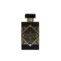 Maison Alhambra Infini Oud by Maison Alhambra Man 100ml EDP — Black rectangular bottle with gold geometric art deco design and gold cap. | Maison Alhambra Infini Oud by Maison Alhambra Man 100ml EDP — Botol segiempat hitam dengan reka bentuk seni deco geometri emas dan penutup emas.