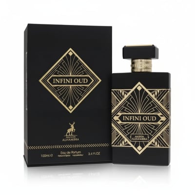 Maison Alhambra Infini Oud by Maison Alhambra Man 100ml EDP — Black box and bottle with gold geometric art deco design, featuring the text 'INFINI OUD' and a deer logo. | Maison Alhambra Infini Oud by Maison Alhambra Man 100ml EDP — Kotak dan botol hitam dengan reka bentuk seni deco geometri emas, menampilkan teks
