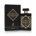 Maison Alhambra Infini Oud by Maison Alhambra Man 100ml EDP — Black box and bottle with gold geometric art deco design, featuring the text 'INFINI OUD' and a deer logo. | Maison Alhambra Infini Oud by Maison Alhambra Man 100ml EDP — Kotak dan botol hitam dengan reka bentuk seni deco geometri emas, menampilkan teks