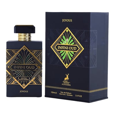 Maison Alhambra Infini Oud Joyous – Dark blue bottle with gold geometric design and gold cap, next to a matching dark blue box with gold geometric design and deer logo. | Maison Alhambra Infini Oud Joyous – Botol biru gelap dengan reka bentuk geometri emas dan penutup emas, bersebelahan dengan kotak biru gelap yang