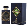 Maison Alhambra Infini Oud Joyous – Dark blue bottle with gold geometric design and gold cap, next to a matching dark blue box with gold geometric design and deer logo. | Maison Alhambra Infini Oud Joyous – Botol biru gelap dengan reka bentuk geometri emas dan penutup emas, bersebelahan dengan kotak biru gelap yang