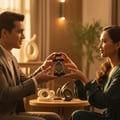 Maison Alhambra Infini Oud Joyous – A man in a suit offers a perfume bottle to a woman in a green dress in a warm, softly lit room. | Maison Alhambra Infini Oud Joyous – Seorang lelaki berbaju sut menghulurkan botol minyak wangi kepada wanita berbaju hijau di bilik yang hangat dan bercahaya lembut.