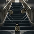 Maison Alhambra Infini Oud by Maison Alhambra Man 100ml EDP — Three bottles of Infini Oud perfume arranged on a grand marble staircase with golden railings, with ethereal light trails emanating from the bottles. | Maison Alhambra Infini Oud by Maison Alhambra Man 100ml EDP — Tiga botol minyak wangi Infini Oud disusun