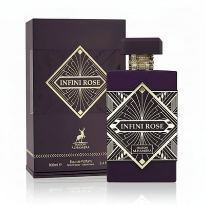 Maison Alhambra Infini Rose — A dark purple perfume box and bottle with gold geometric art deco designs and the text "INFINI ROSE" and "MAISON ALHAMBRA" | Maison Alhambra Infini Rose — Kotak dan botol minyak wangi ungu gelap dengan reka bentuk seni deco geometri emas dan teks "INFINI ROSE" dan "MAISON ALHAMBRA"
