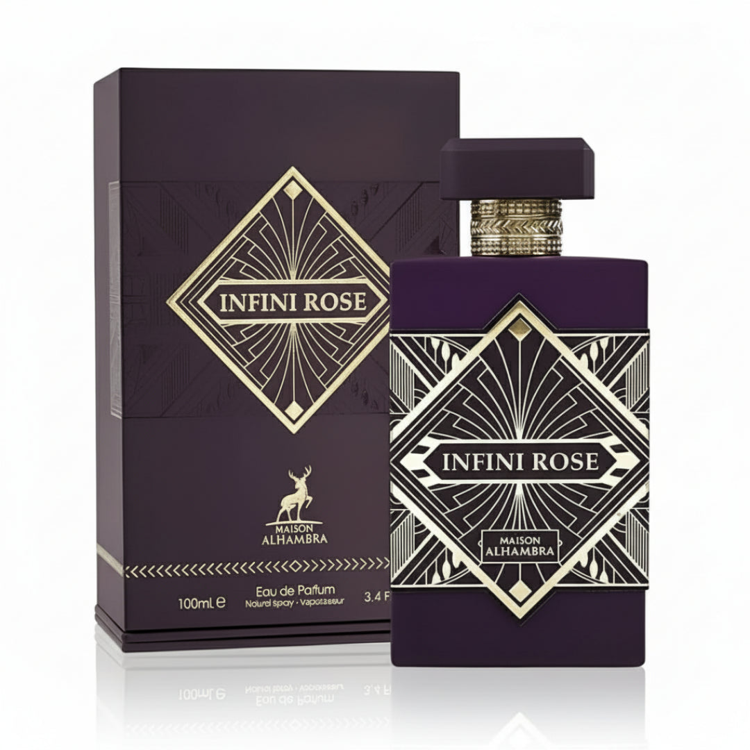Maison Alhambra Infini Rose — A dark purple perfume box and bottle with gold geometric art deco designs and the text "INFINI ROSE" and "MAISON ALHAMBRA" | Maison Alhambra Infini Rose — Kotak dan botol minyak wangi ungu gelap dengan reka bentuk seni deco geometri emas dan teks "INFINI ROSE" dan "MAISON ALHAMBRA"