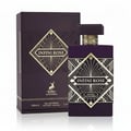 Maison Alhambra Infini Rose — A dark purple perfume box and bottle with gold geometric art deco designs and the text "INFINI ROSE" and "MAISON ALHAMBRA" | Maison Alhambra Infini Rose — Kotak dan botol minyak wangi ungu gelap dengan reka bentuk seni deco geometri emas dan teks "INFINI ROSE" dan "MAISON ALHAMBRA"