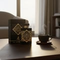 Maison Alhambra Infini Oud by Maison Alhambra Man 100ml EDP — Black perfume bottle and box with gold geometric design, next to a steaming cup of coffee on a wooden table. | Maison Alhambra Infini Oud by Maison Alhambra Man 100ml EDP — Botol dan kotak minyak wangi hitam dengan reka bentuk geometri emas, bersebelahan
