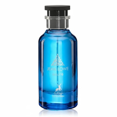 Maison Alhambra Jean Lowe Azure by Maison Alhambra EDP 100 ml — A tall, clear blue glass perfume bottle with a black cap and silver accents, featuring silver text and a deer silhouette | Maison Alhambra Jean Lowe Azure by Maison Alhambra EDP 100 ml — Botol kaca biru jernih tinggi dengan penutup hitam dan aksen perak