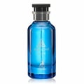 Maison Alhambra Jean Lowe Azure by Maison Alhambra EDP 100 ml — A tall, clear blue glass perfume bottle with a black cap and silver accents, featuring silver text and a deer silhouette | Maison Alhambra Jean Lowe Azure by Maison Alhambra EDP 100 ml — Botol kaca biru jernih tinggi dengan penutup hitam dan aksen perak