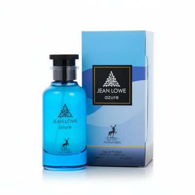 Maison Alhambra Jean Lowe Azure — A blue glass perfume bottle with a black cap stands next to its blue and white gradient box, featuring a deer logo and text. | Maison Alhambra Jean Lowe Azure — Botol kaca biru dengan penutup hitam berdiri di sebelah kotak gradien biru dan putihnya, menampilkan logo rusa dan teks.
