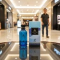 Maison Alhambra Jean Lowe Azure by Maison Alhambra EDP 100 ml — A blue glass perfume bottle and its light blue box sit on a reflective glass table in a shopping mall corridor with a blurred man walking in the background. | Maison Alhambra Jean Lowe Azure by Maison Alhambra EDP 100 ml — Botol kaca biru dan kotaknya