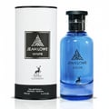 Maison Alhambra Jean Lowe Azure — Blue glass perfume bottle and white cylindrical box with black accents and deer logo, set against a white background. | Botol minyak wangi kaca biru dan kotak silinder putih dengan aksen hitam dan logo rusa, berlatar belakang putih.