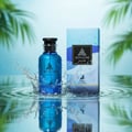 Maison Alhambra Jean Lowe Azure — Blue perfume bottle splashing in water with a water splash and droplets, next to its light blue box with water droplets. | Maison Alhambra Jean Lowe Azure — Botol minyak wangi biru melambung dalam air dengan percikan air dan titisan, bersebelahan dengan kotak biru muda dengan titisan
