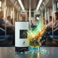 Jean Lowe Fraiche by Maison Alhambra - 100 ml Unisex — A perfume bottle and its box explode with colorful particles and glass shards on a dark surface, with blurred passengers in a train carriage in the background. | Jean Lowe Fraiche by Maison Alhambra - 100 ml Unisex — Botol minyak wangi dan kotaknya meletup dengan