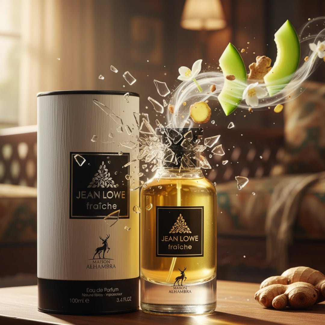 Maison Alhambra Jean Lowe Fraiche Eau de Parfum — A perfume bottle and its cylindrical packaging are displayed, with shattered glass effects and floating ingredients like cucumber slices, ginger, and white flowers | Maison Alhambra Jean Lowe Fraiche Eau de Parfum — Botol minyak wangi dan pembungkus silindernya