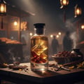 Maison Alhambra Jean Lowe Fraiche — A clear glass perfume bottle with amber liquid and amber-colored pieces inside, placed on a wooden surface with cinnamon sticks and vanilla pods, with a blurred background of a night market | Maison Alhambra Jean Lowe Fraiche — Botol kaca jernih dengan cecair ambar dan kepingan