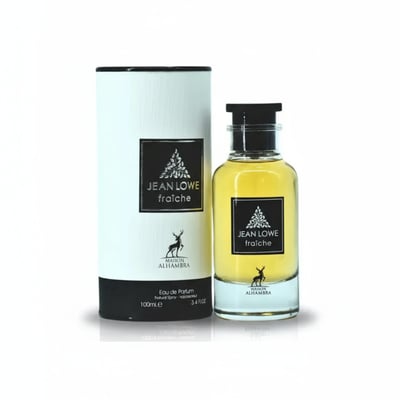 Maison Alhambra Jean Lowe Fraiche — A clear glass bottle of yellow perfume with a black cap stands next to its white cylindrical box, both featuring a black label with a deer silhouette and text. | Maison Alhambra Jean Lowe Fraiche — Sebotol minyak wangi kaca jernih berisi minyak wangi kuning dengan penutup hitam