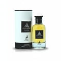 Maison Alhambra Jean Lowe Fraiche — A clear glass bottle of yellow perfume with a black cap stands next to its white cylindrical box, both featuring a black label with a deer silhouette and text. | Maison Alhambra Jean Lowe Fraiche — Sebotol minyak wangi kaca jernih berisi minyak wangi kuning dengan penutup hitam