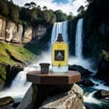 Maison Alhambra Jean Lowe Fraiche — A bottle of Jean Lowe Fraiche perfume and a small dark cap sit on a wooden hexagonal stand in front of a majestic waterfall. | Maison Alhambra Jean Lowe Fraiche — Sebotol minyak wangi Jean Lowe Fraiche dan penutup gelap kecil diletakkan di atas pendirian heksagon kayu di hadapan air