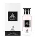 Maison Alhambra Jean Lowe Matiere Eau de Parfum — A white box with a black square label featuring a tree-like design and text, stands next to a clear glass perfume bottle with a pink liquid and a black cap. | Maison Alhambra Jean Lowe Matiere Eau de Parfum — Kotak putih dengan label segi empat hitam menampilkan reka
