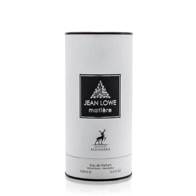 Maison Alhambra Jean Lowe Matiere — White cylindrical perfume packaging with black trim and a black label featuring text and a botanical illustration. | Pembungkusan minyak wangi silinder putih dengan trim hitam dan label hitam yang menampilkan teks dan ilustrasi botani.