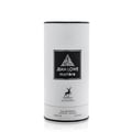 Maison Alhambra Jean Lowe Matiere — White cylindrical perfume packaging with black trim and a black label featuring text and a botanical illustration. | Pembungkusan minyak wangi silinder putih dengan trim hitam dan label hitam yang menampilkan teks dan ilustrasi botani.