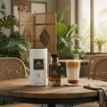 Maison Alhambra Jean Lowe Noir — A bottle of Jean Lowe Noir perfume and its cylindrical packaging stand on a wooden table next to a glass of iced coffee, with lush green plants and a woven screen in the background. | Maison Alhambra Jean Lowe Noir — Sebotol minyak wangi Jean Lowe Noir dan pembungkus silindernya