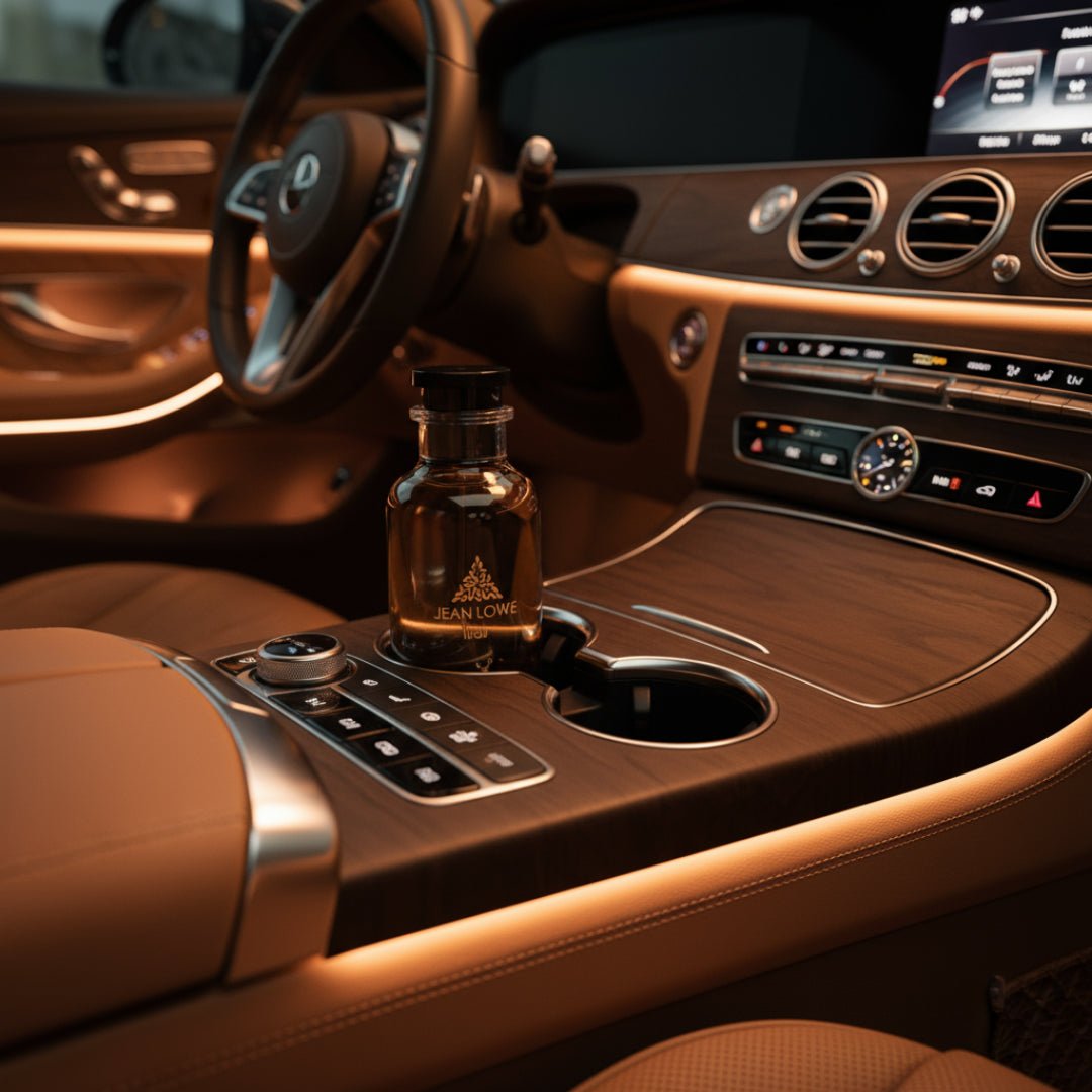 Maison Alhambra Jean Lowe Noir Maison Alhambra 100ml EDP — A glass perfume bottle with amber liquid and a black cap sits in a car's center console, surrounded by wood trim and ambient lighting. | Maison Alhambra Jean Lowe Noir Maison Alhambra 100ml EDP — Botol minyak wangi kaca berisi cecair ambar dan penutup hitam
