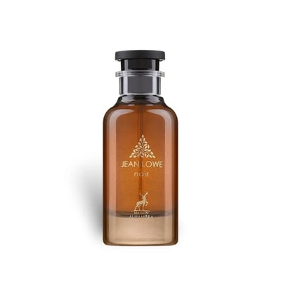 Maison Alhambra Jean Lowe Noir — Amber glass perfume bottle with a black cap and gold leaf emblem and deer silhouette on a white background. | Maison Alhambra Jean Lowe Noir — Botol minyak wangi kaca berwarna ambar dengan penutup hitam dan lambang daun emas serta siluet rusa di atas latar belakang putih.
