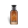 Maison Alhambra Jean Lowe Noir — Amber glass perfume bottle with a black cap and gold leaf emblem and deer silhouette on a white background. | Maison Alhambra Jean Lowe Noir — Botol minyak wangi kaca berwarna ambar dengan penutup hitam dan lambang daun emas serta siluet rusa di atas latar belakang putih.
