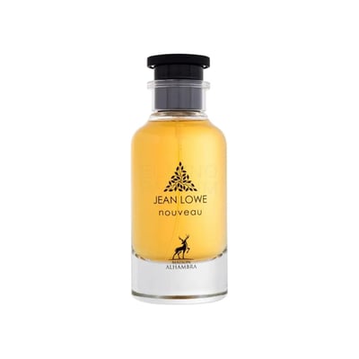 Maison Alhambra Jean Lowe Nouveau — A clear glass perfume bottle with yellow liquid, a black cap, and a label featuring a deer silhouette and text. | Maison Alhambra Jean Lowe Nouveau — Botol minyak wangi kaca jernih dengan cecair kuning, penutup hitam, dan label menampilkan siluet rusa dan teks.