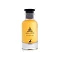 Maison Alhambra Jean Lowe Nouveau — A clear glass perfume bottle with yellow liquid, a black cap, and a label featuring a deer silhouette and text. | Maison Alhambra Jean Lowe Nouveau — Botol minyak wangi kaca jernih dengan cecair kuning, penutup hitam, dan label menampilkan siluet rusa dan teks.