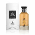Maison Alhambra Jean Lowe Nouveau Eau de Parfum — A white cylindrical box stands to the left of a clear glass perfume bottle filled with amber liquid, both featuring a black emblem with a deer silhouette and text. | Maison Alhambra Jean Lowe Nouveau Eau de Parfum — Kotak silinder putih berdiri di sebelah kiri botol