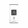 Maison Alhambra Jean Lowe Nouveau — White cylindrical perfume packaging with a black label featuring a geometric design, brand name, and deer silhouette. | Maison Alhambra Jean Lowe Nouveau — Pembungkusan minyak wangi silinder putih dengan label hitam menampilkan reka bentuk geometri, nama jenama, dan siluet rusa.