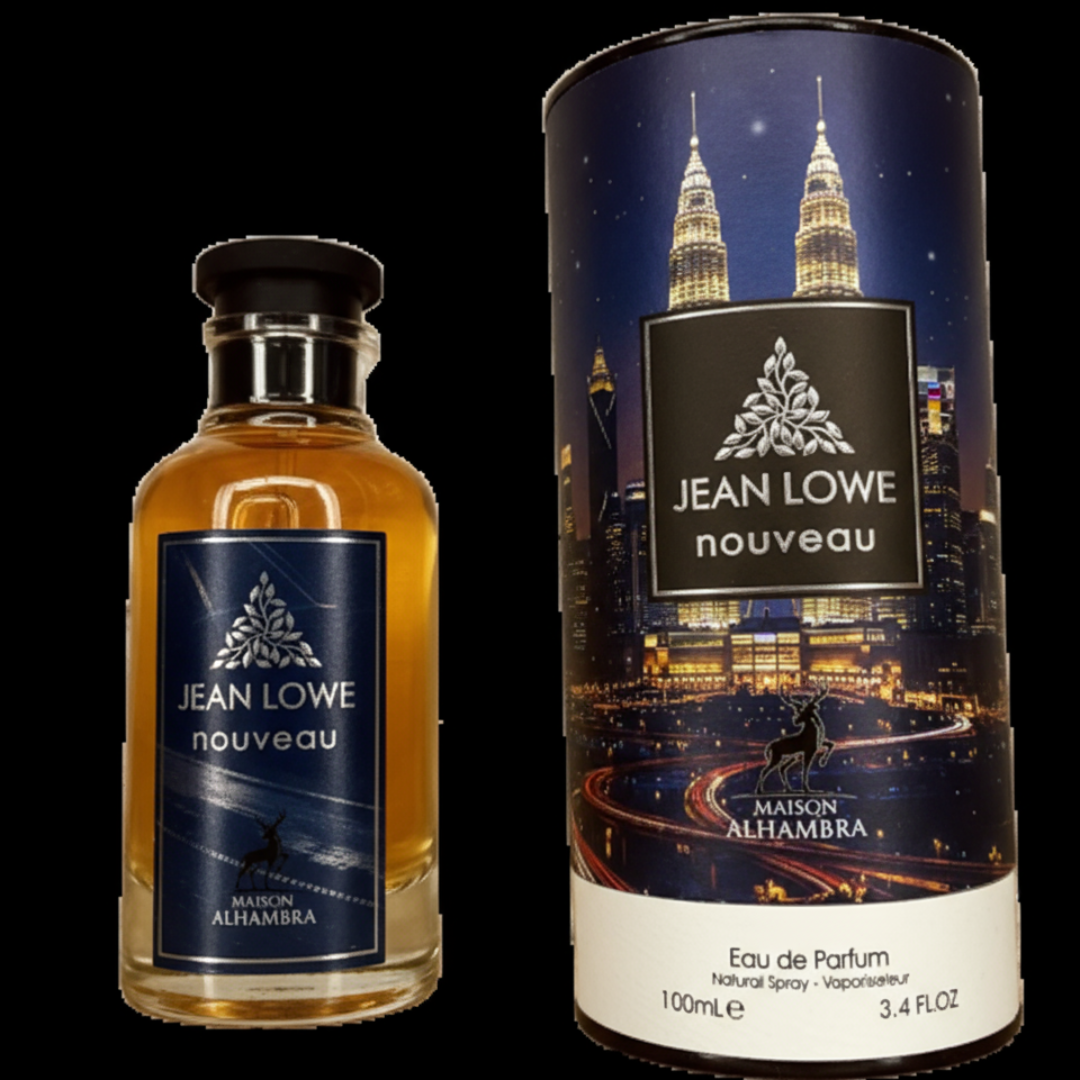 Maison Alhambra Jean Lowe Nouveau — A bottle of amber-colored perfume with a dark blue label featuring silver foliage and a deer silhouette, next to a cylindrical box with a night cityscape and twin towers | Maison Alhambra Jean Lowe Nouveau — Sebotol pewangi berwarna ambar dengan label biru gelap menampilkan siluet