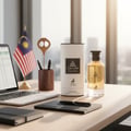Jean Lowe Nouveau by Maison Alhambra — A Malaysian flag stands next to a laptop, a pen holder with pens, and a perfume bottle and its packaging on a desk. | Jean Lowe Nouveau by Maison Alhambra — Bendera Malaysia berdiri di sebelah komputer riba, pemegang pen dengan pen, dan botol minyak wangi serta bungkusannya di