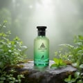 Maison Alhambra Jean Lowe Vibe — A green gradient glass perfume bottle with a black cap sits on a mossy rock, surrounded by lush green mint and fern leaves in a misty forest setting. | Botol minyak wangi kaca gradien hijau dengan penutup hitam terletak di atas batu berlumut, dikelilingi daun pudina dan paku pakis