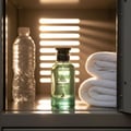 Maison Alhambra Jean Lowe Vibe by Maison Alhambra 100ml EDP — A green glass perfume bottle with a black cap sits on a shelf next to a clear water bottle and two folded white towels, with light beams shining through a slatted background. | Maison Alhambra Jean Lowe Vibe by Maison Alhambra 100ml EDP — Botol kaca hijau