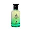Maison Alhambra Jean Lowe Vibe — A clear glass perfume bottle with a gradient green to yellow liquid, featuring a black cap and a label with a tree and deer silhouette. | Botol minyak wangi kaca jernih dengan cecair gradien hijau ke kuning, menampilkan penutup hitam dan label dengan siluet pokok dan rusa.