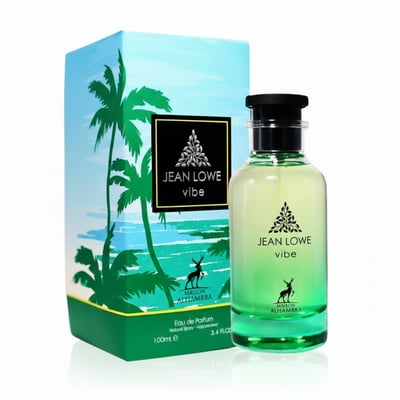 Maison Alhambra Jean Lowe Vibe by Maison Alhambra 100ml EDP — A perfume bottle with a gradient green to yellow liquid, next to its matching box featuring palm trees and a tropical beach scene. | Maison Alhambra Jean Lowe Vibe by Maison Alhambra 100ml EDP — Botol minyak wangi dengan cecair hijau ke kuning gradien